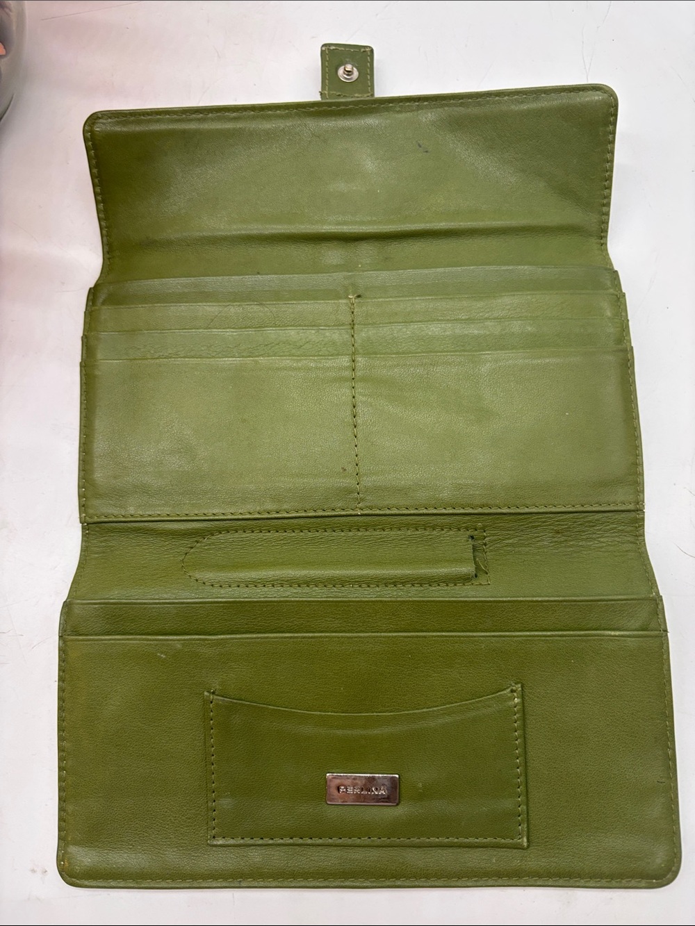 Perlina Olive Green Leather Clutch with Silver Buckle - Picture 2 of 9